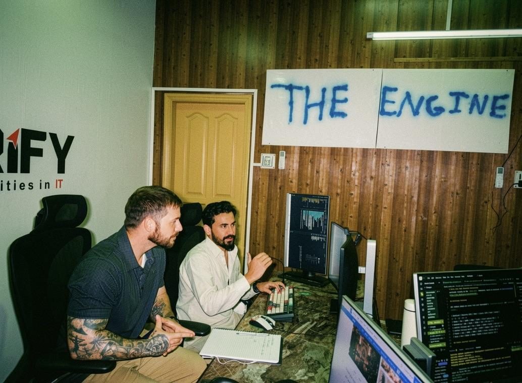 Nick and Zubair reviewing the build inside The Engine office